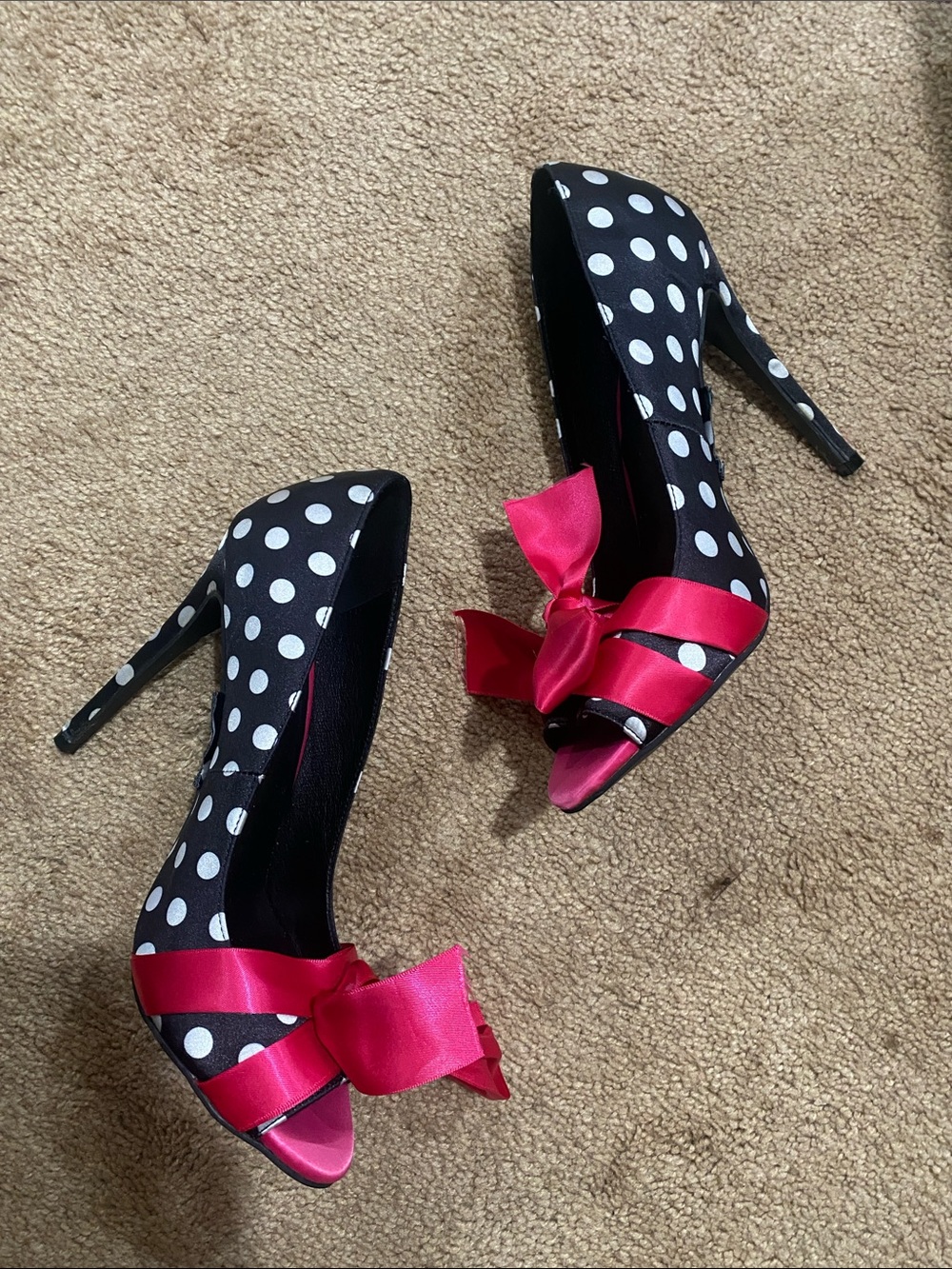 2000s Y2k Satin Polka Dot Stiletto Heels with Pink Ribbon